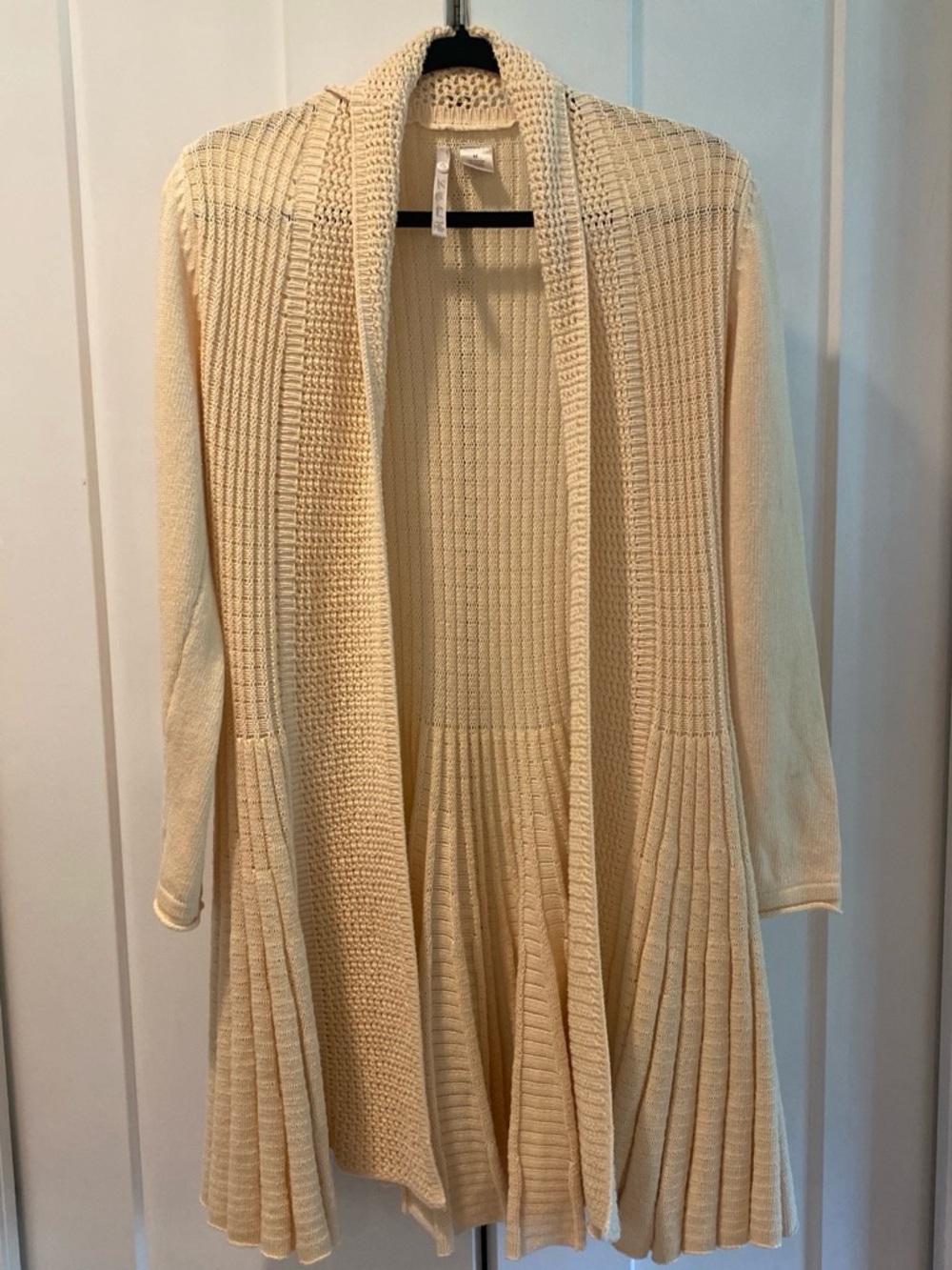 Light Cream Open-Front Pleated Rib Knit Cardigan